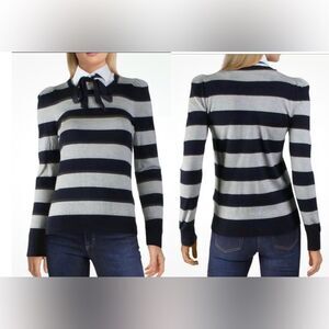Lauren Ralph Lauren Navy Grey Zarita Stripe Crew Neck & Faux Layer Sweater Sz XS